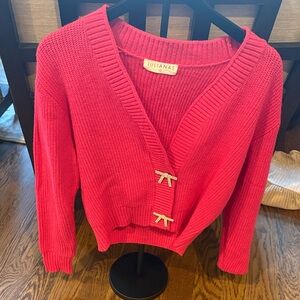 Hot Pink V-Neck Knit Sweater with Decorative Clasps